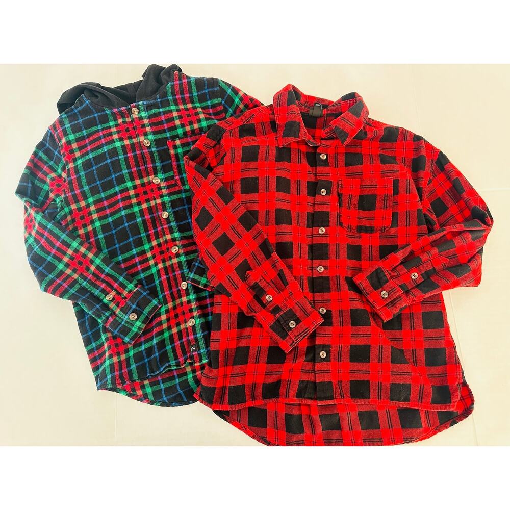 Art Class Boys Size L 10-12 Flannel Shirt Lot (2) Hooded Tartan & Buffalo Plaid